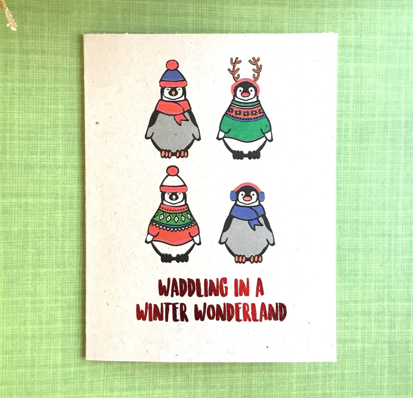 Penguin Christmas Card, Punny Cute Holiday Card, Penguin Sweater Card with foiled lettering