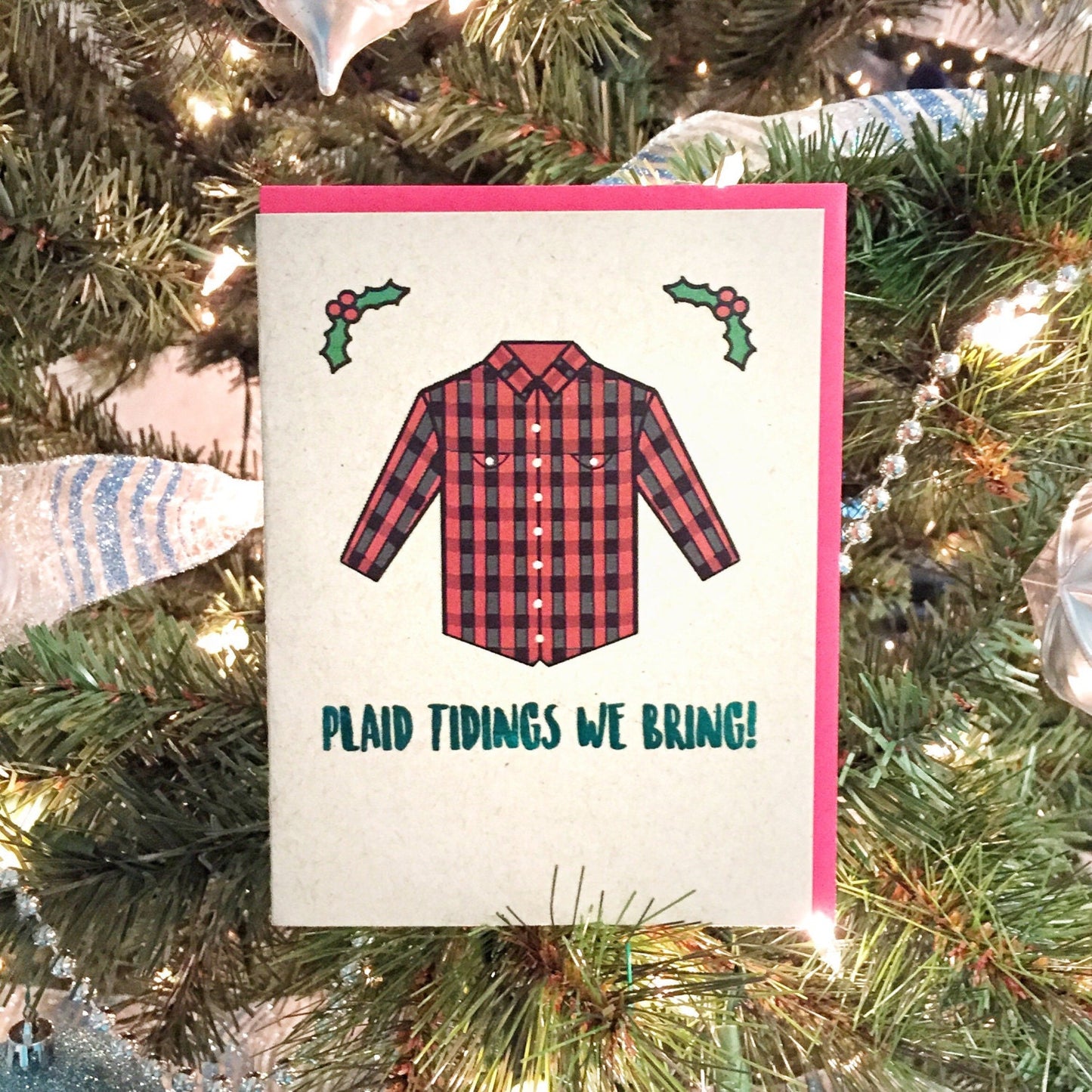 Plaid Shirt Christmas Card - A2 Handmade Card, Festive Flannel Hipster Lumberjack Card, Punny Christmas card with foiled lettering