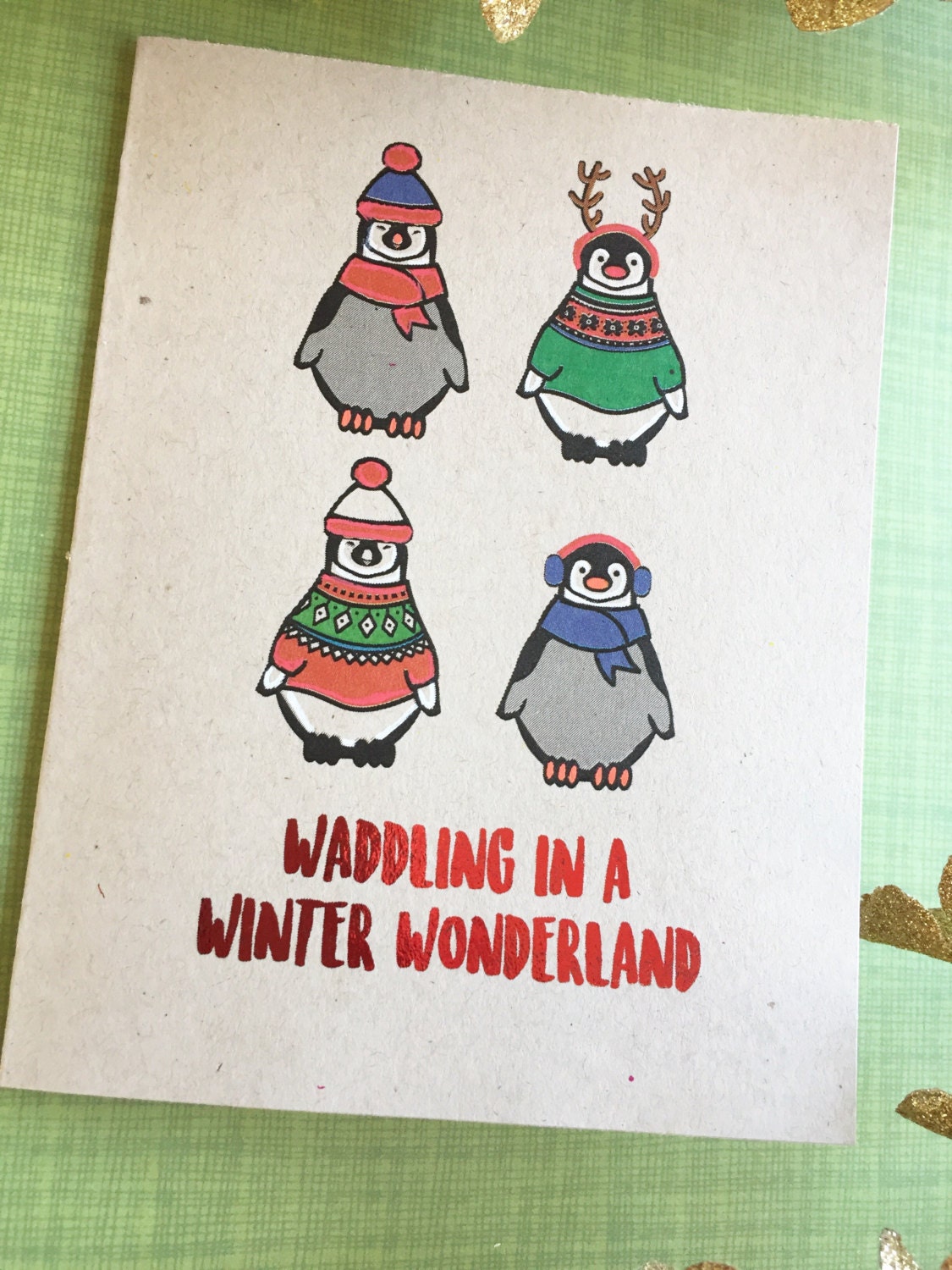 Penguin Christmas Card, Punny Cute Holiday Card, Penguin Sweater Card with foiled lettering