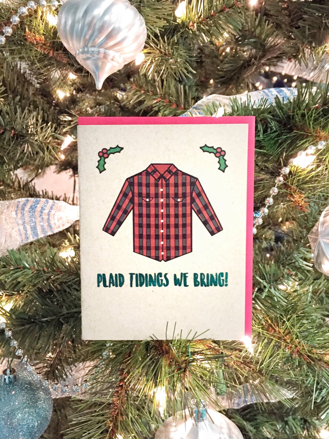 Plaid Shirt Christmas Card - A2 Handmade Card, Festive Flannel Hipster Lumberjack Card, Punny Christmas card with foiled lettering