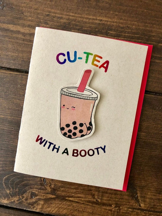 Cutea  with a booty Card - Bubble Tea Card, Cutie with a Booty Punny Tapioca Pearls Christmas